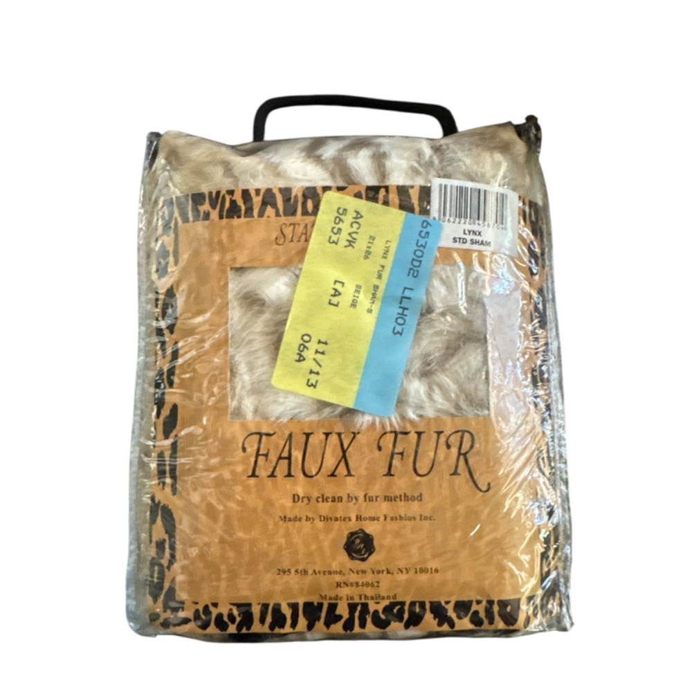 Vintage The Linen Source Pillow Sham Faux Lynx Fur 5th Ave NYC Standard Beige